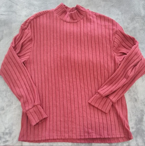 Women’s Ribbed Knit Jumper Burgundy High Neck Stretch L UK 16-18