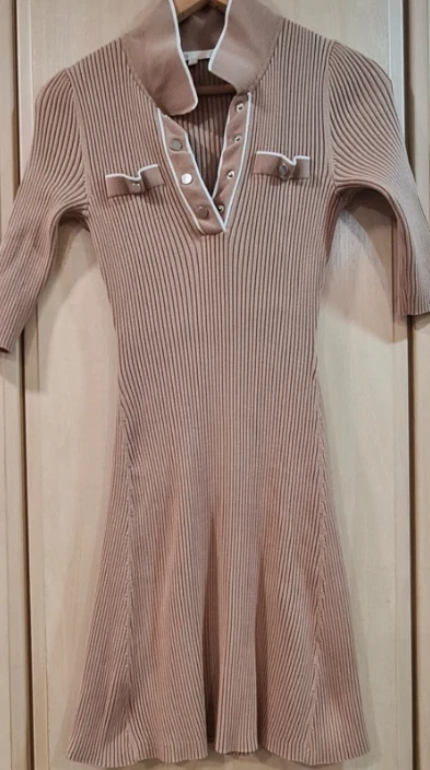 Maje Women’s Ribbed Knit Dress Beige XS / Collared Mini UK 4-6