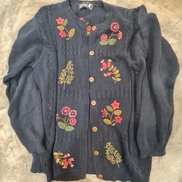 Tulchan Women’s Floral Embroidered Cardigan Navy Blue M UK 12-14