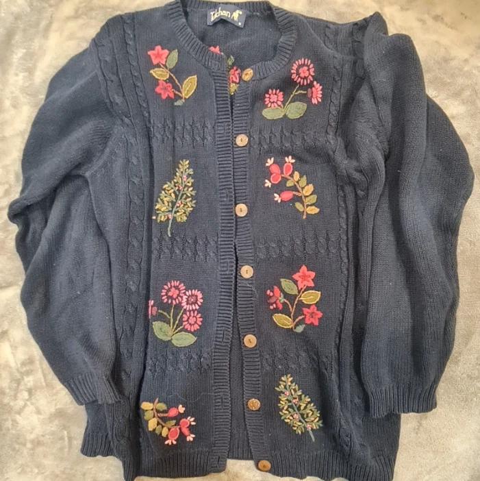 Tulchan Women’s Floral Embroidered Cardigan Navy Blue M UK 12-14