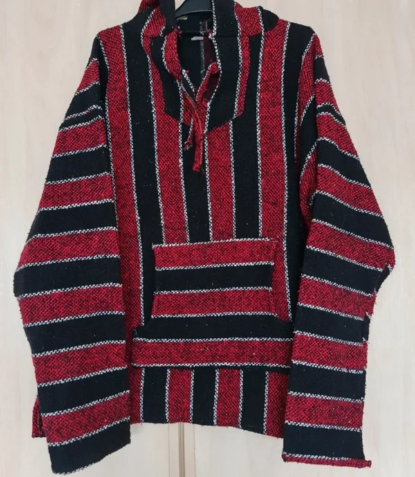Mexican Baja Jumper Hoodie Red Black Striped  Festival Surf XL