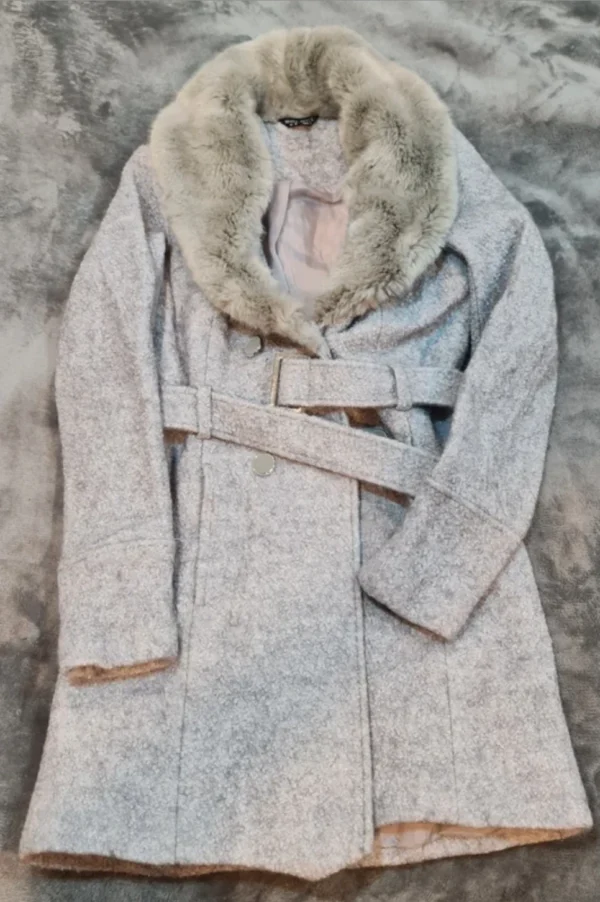 Select Women’s Grey Belted Coat Faux Fur Collar S / UK 8-10
