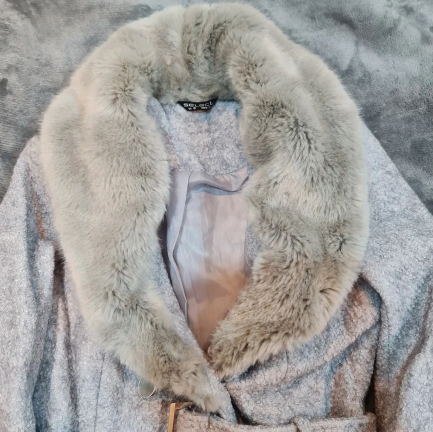 Select Women’s Grey Belted Coat Faux Fur Collar S / UK 8-10 - Image 2