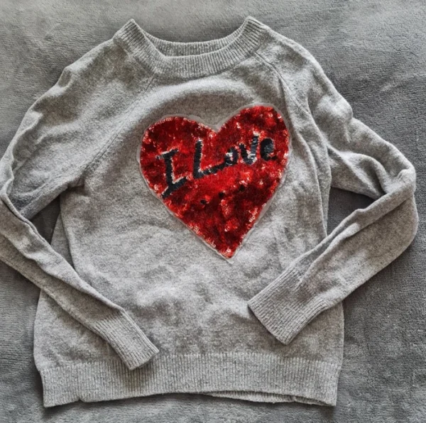 H&M Grey Sequin Heart Jumper XS UK 4-6