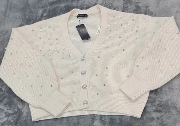 M&S Women’s Pearl Embellished Cropped Cardigan Cream UK 8-10