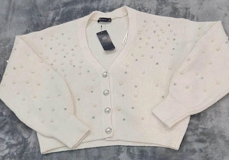 M&S Women’s Pearl Embellished Cropped Cardigan Cream UK 8-10