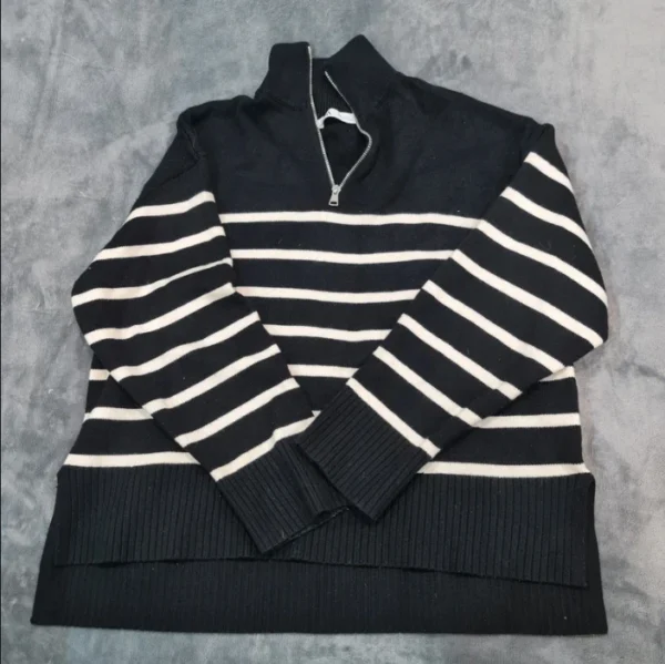 ZARA Knit Women’s Striped Half Zip Jumper Black White Size L