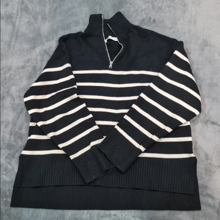 ZARA Knit Women’s Striped Half Zip Jumper Black White Size L