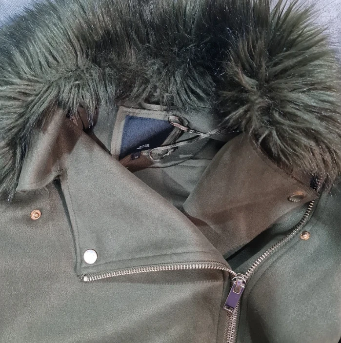 River Island Khaki Faux Fur Collar Coat Size S / UK 8-10 - Image 3