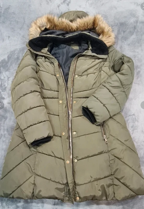 Papaya Women’s Khaki Padded Long Coat Faux Fur Hood Size 12