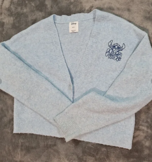 Disney Stitch Light Blue Knit Cardigan XS UK 4–6 Cute Cartoon