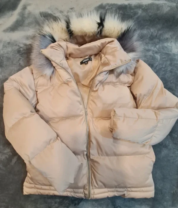 Missguided Women’s Beige Puffer Jacket Faux Fur Hood UK 8