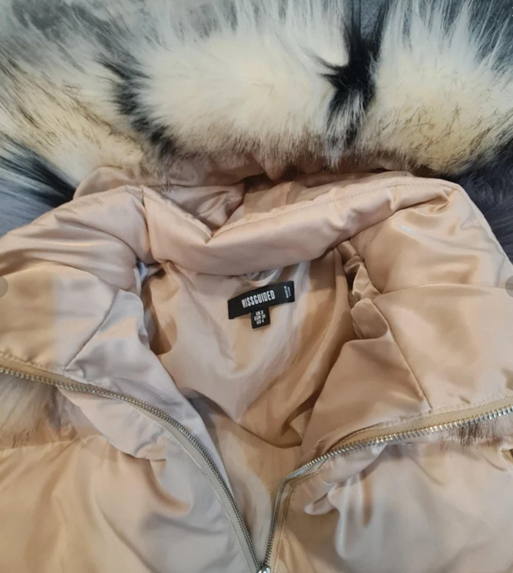 Missguided Women’s Beige Puffer Jacket Faux Fur Hood UK 8 - Image 2