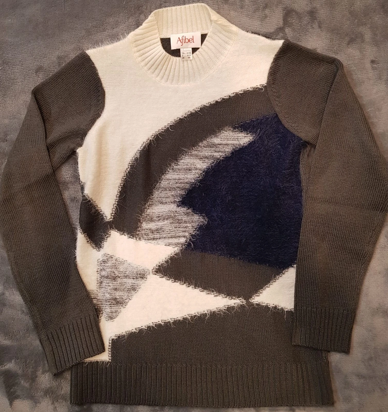 Afibel Women’s Jumper UK 6/8 Beige Grey Blue Pattern Knit