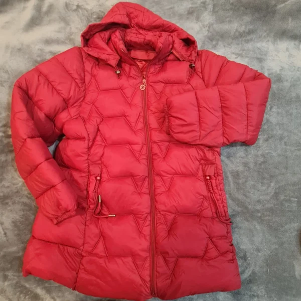 Women’s Red Puffer Jacket with Hood – Medium, Quilted Winter Coat