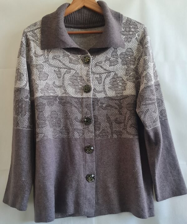 Womens Grey Floral Lace Print Knit Cardigan L UK 16-18