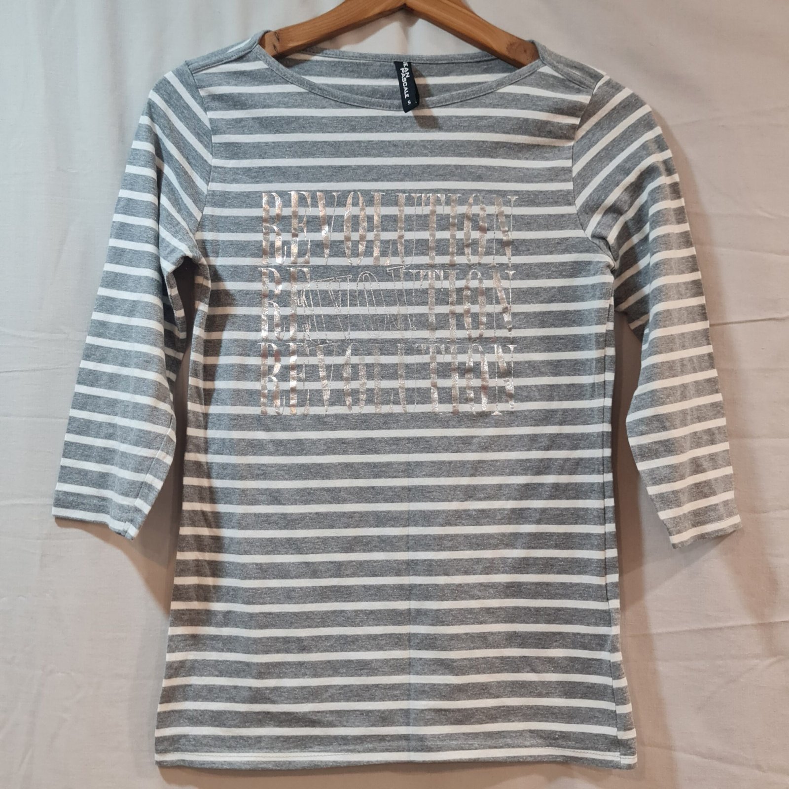 Jean Pascale Womens Grey White Stripe Long Sleeve Top S UK 8-10