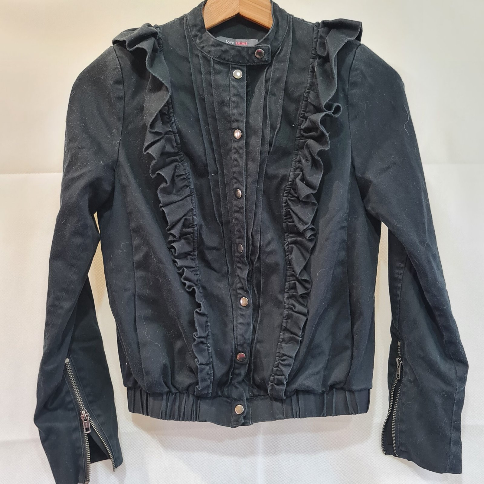 Love Label Womens Black Ruffle Denim Style Jacket S UK 8-10