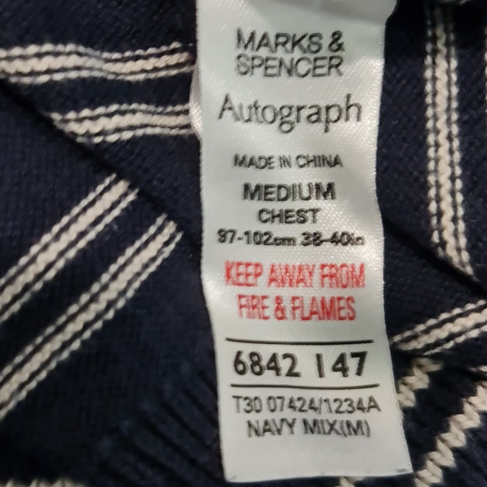 M&S Autograph Mens Navy Blue White Striped Cotton Jumper M - Image 2
