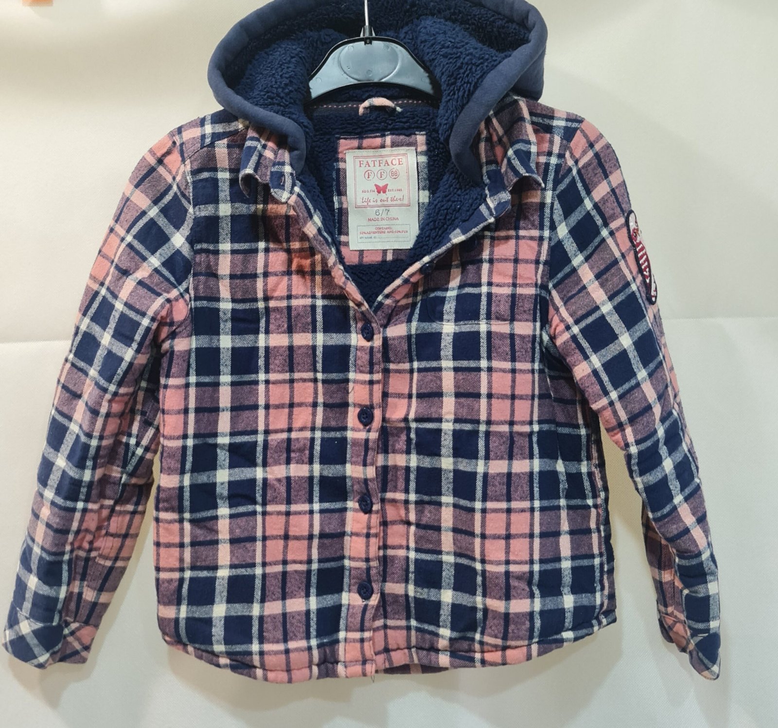 FatFace Boys Navy Pink Check Hooded Fleece Lined Jacket Age 6