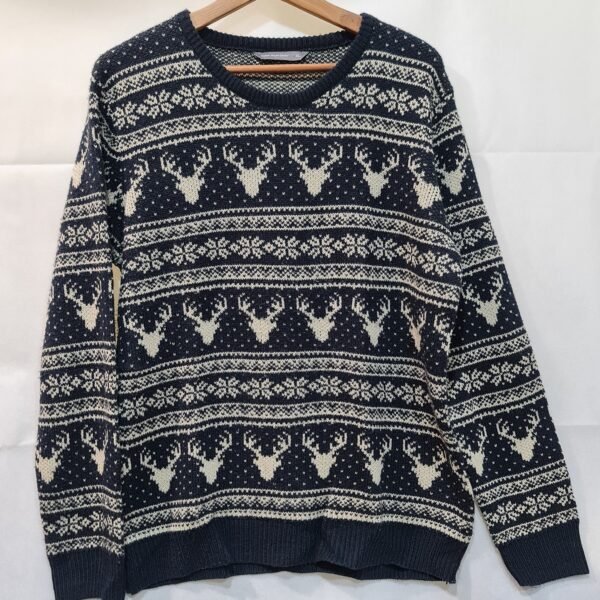 Cedar Wood State Mens Navy Reindeer Fair Isle Christmas Jumper XL