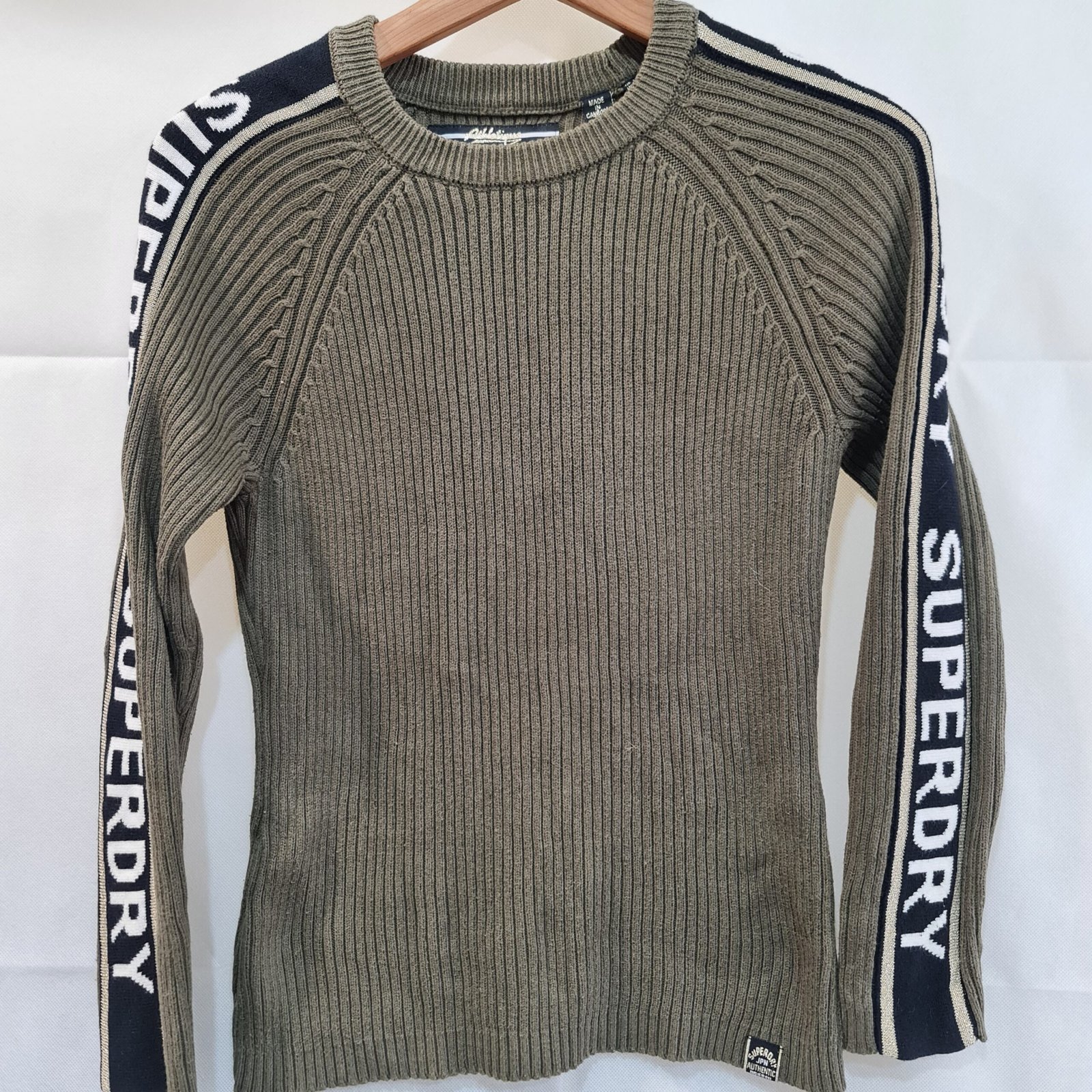 Superdry Womens Khaki Ribbed Cotton Knit Jumper Logo Sleeve M
